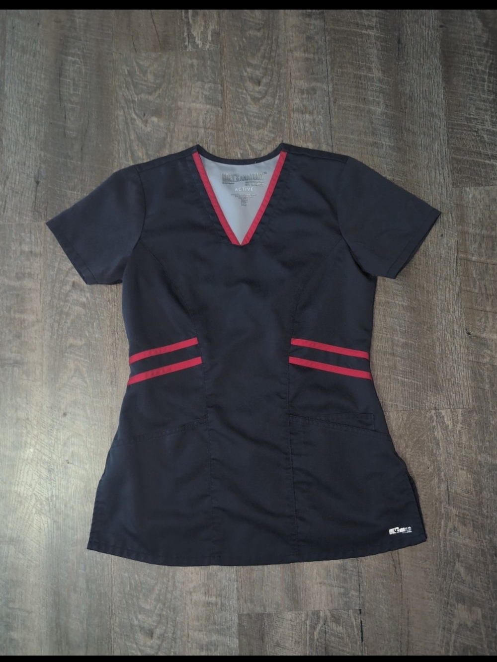 XXS- Greys Anatomy Navy blue with red accent (on front) scrub top- EUC